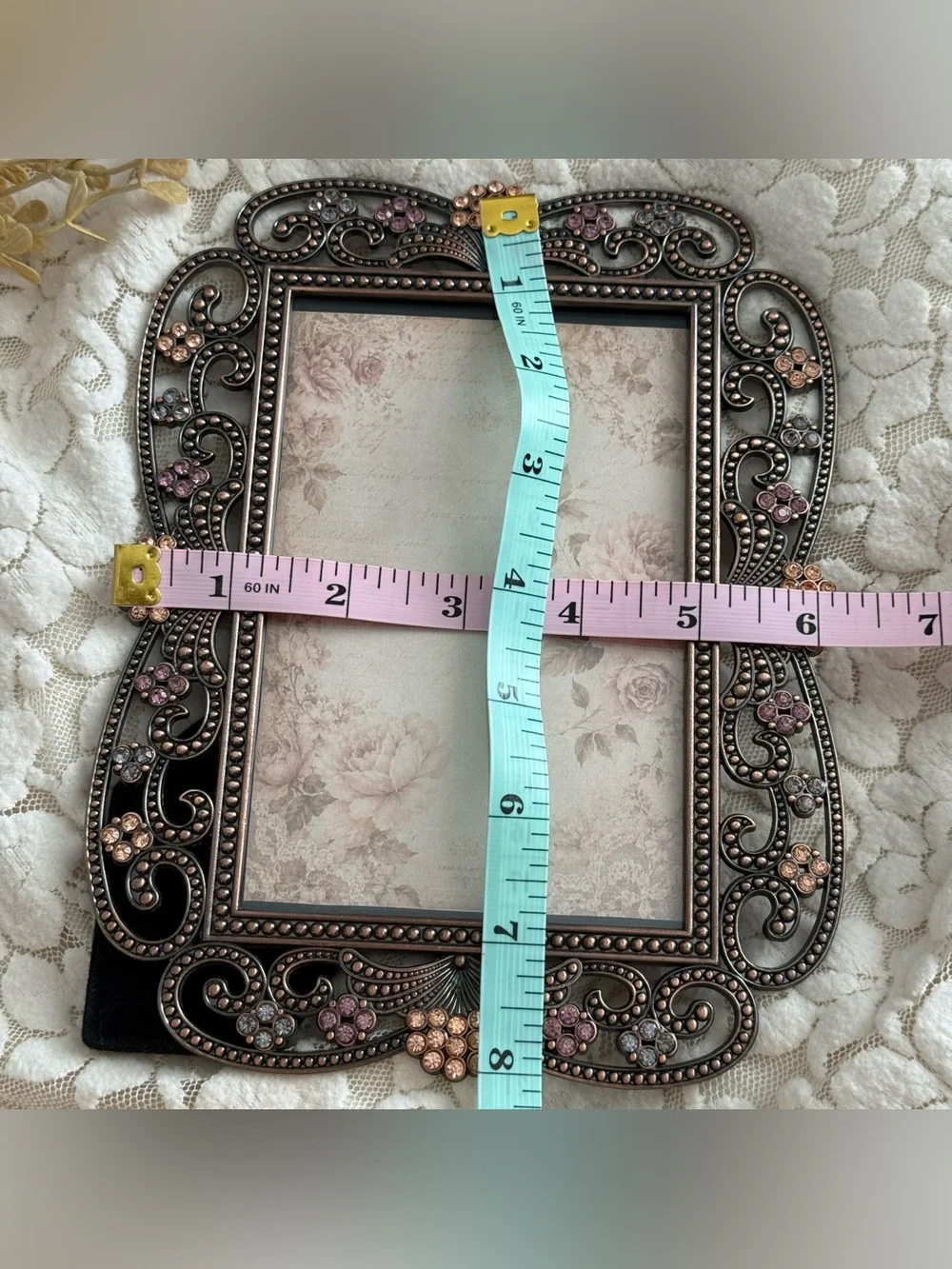 Romantic Jeweled Picture Frame Ornate Metal Scroll Rhinestone Photo Frame